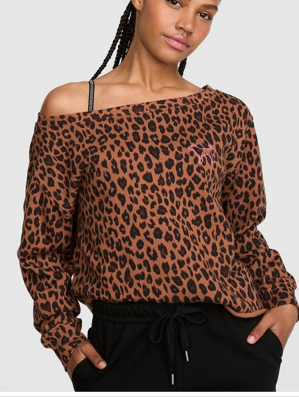 VS Campus Fleece Rib Off-The-Shoulder Sweatshirt Sz XL